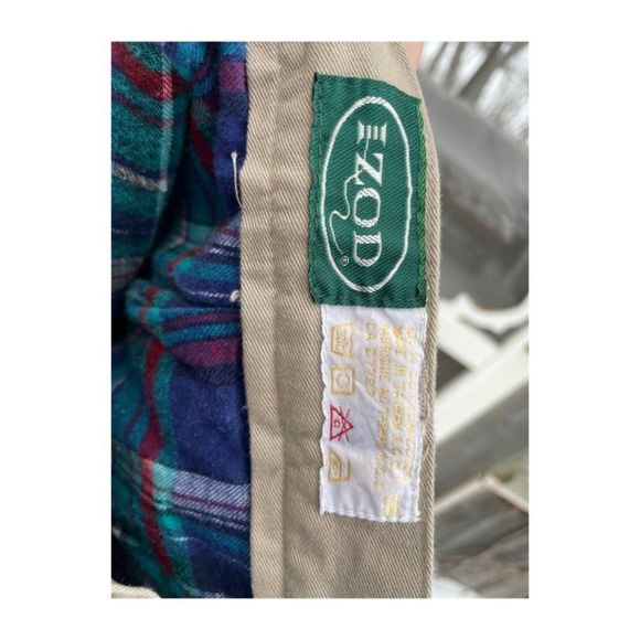 90s Izod Lacoste Tan Chinos Trousers Pleat Front Flannel Plaid Lining Cotton - Picture 4 of 8